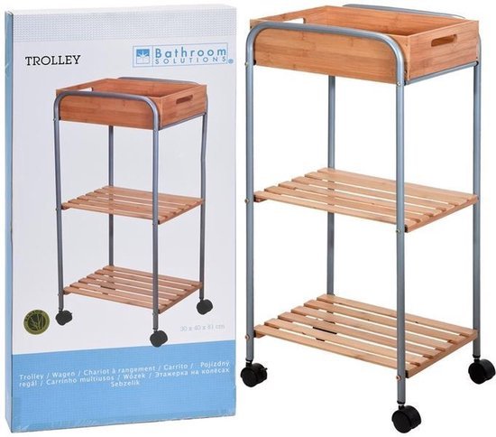 Bathroom Storage Trolley – Bamboo & Metal Organizer with Shelves for Modern Bathroom - Afanaya